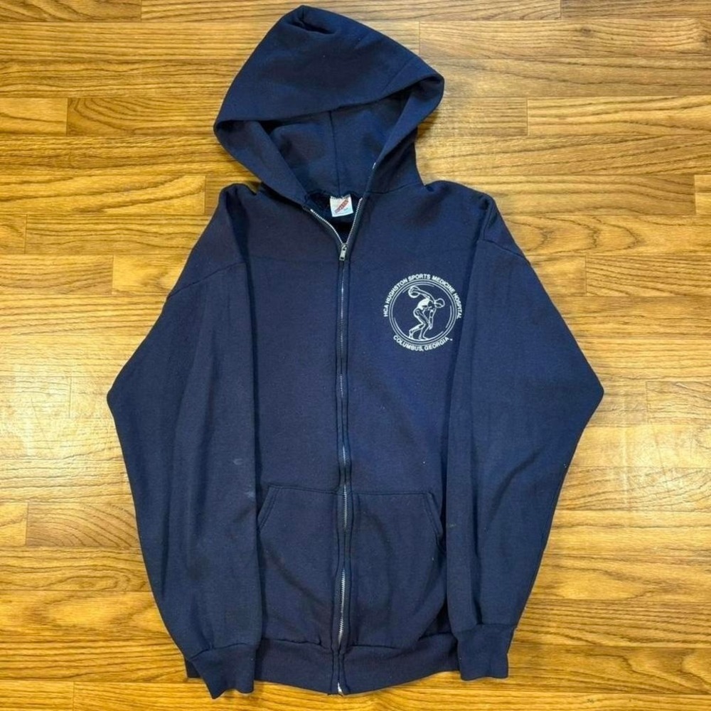 Vintage Jerzees Zip Up Hoodie Navy Made USA Sports Medicine Graphic Boxy L